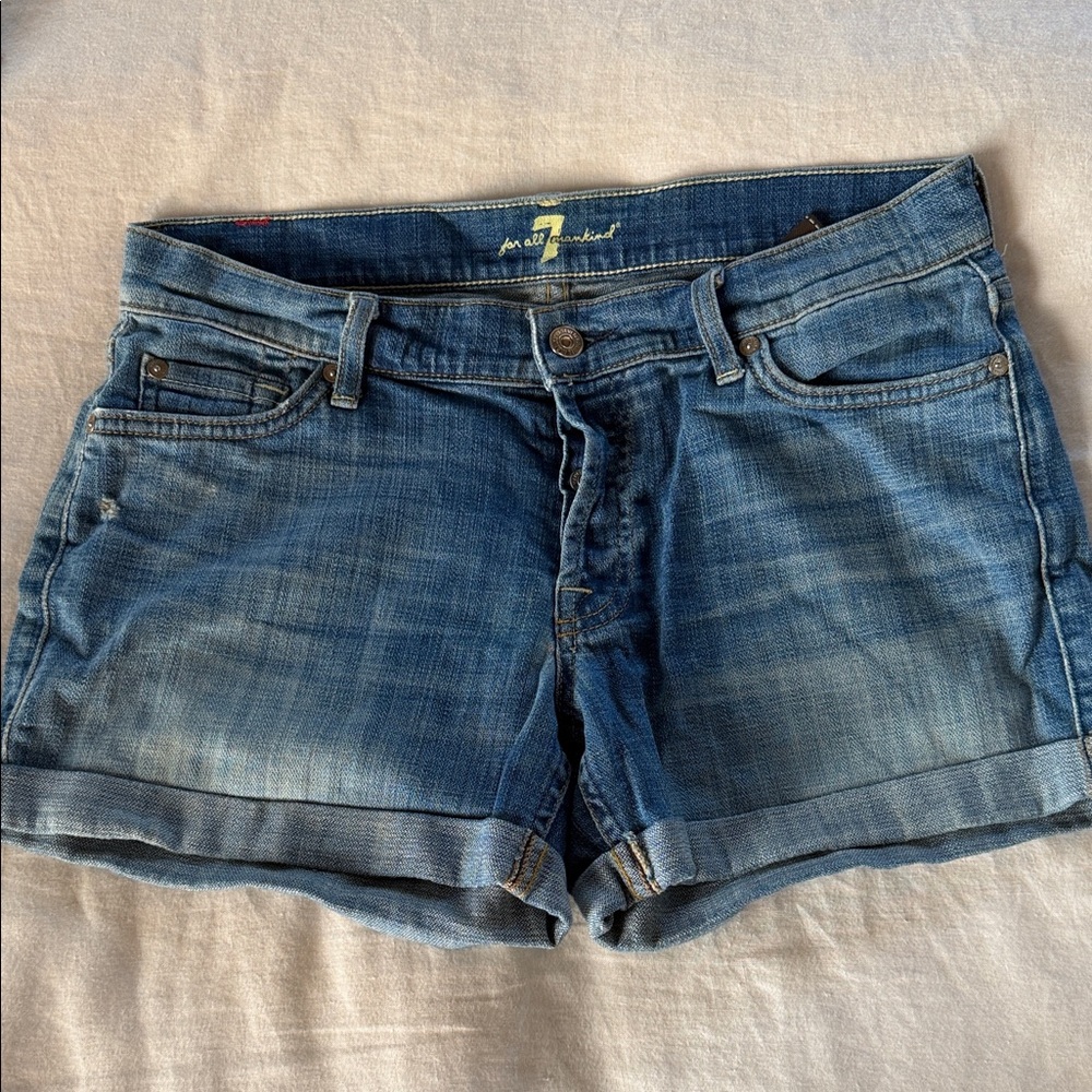7 For All Mankind Blue Washed Denim Cuffed Shorts